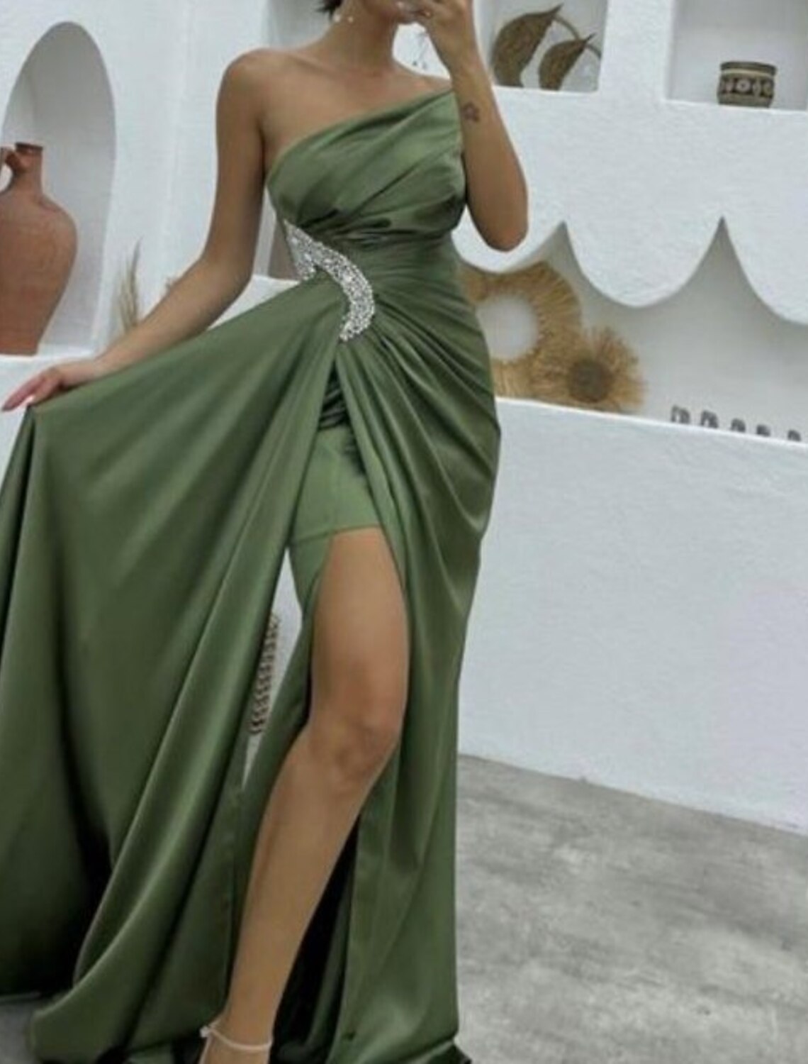 Meerjungfrau/Trompete Abendkleid Cut Out Kleid Formeller Hochzeitsgast Sweep/Pinselzug Ärmellos One Shoulder Brautjungfernkleid Charmeuse mit Strass gerüschtem Schlitz