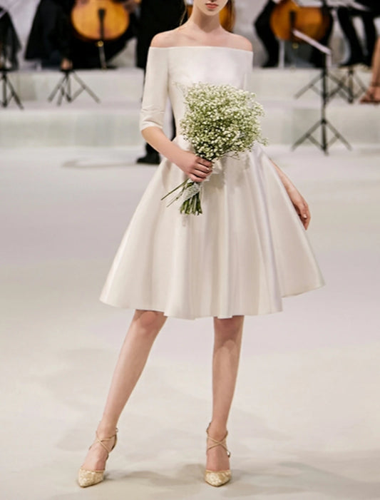 A-Line Cocktail Dresses Party Dress Holiday Cocktail Party Knee Length Half Sleeve Off Shoulder Fall Wedding Guest Satin with