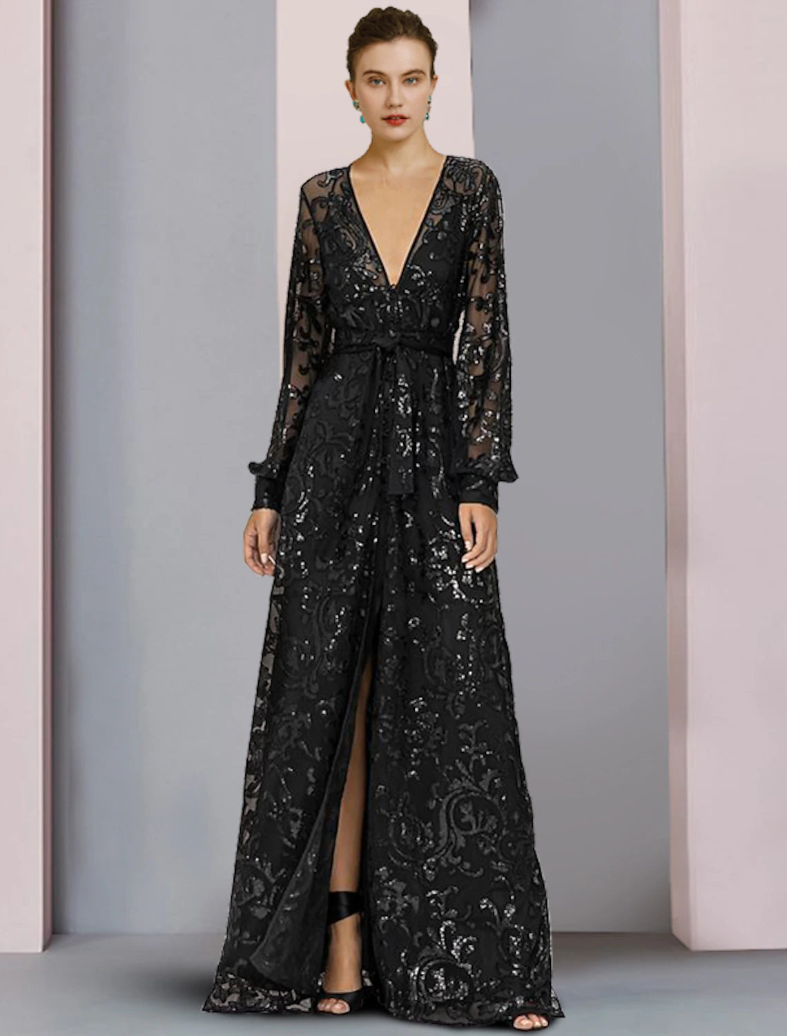 A-Linien-Kleid für die Mutter der Braut, Hochzeitsgast, elegant, funkelnd und glänzend, V-Ausschnitt, bodenlang, Spitze, Pailletten, lange Ärmel mit Pailletten-Applikationen, Schlitz vorne