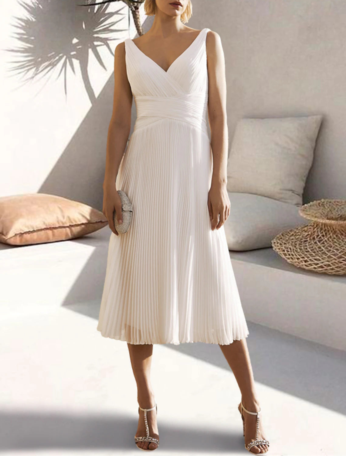 Robe de cocktail trapèze élégante, robe formelle pour invité de mariage, longueur thé, sans manches, col en V, mousseline de soie avec fronces, couleur pure