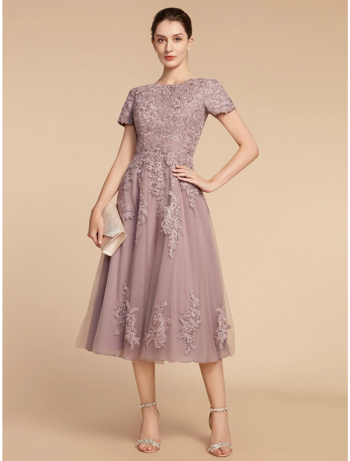 A-Linien-Kleid für die Mutter der Braut, Hochzeitsgast, elegant, zierlich, Rundhalsausschnitt, teelang, Spitze, Tüll, kurze Ärmel, mit Rüschen, Blume