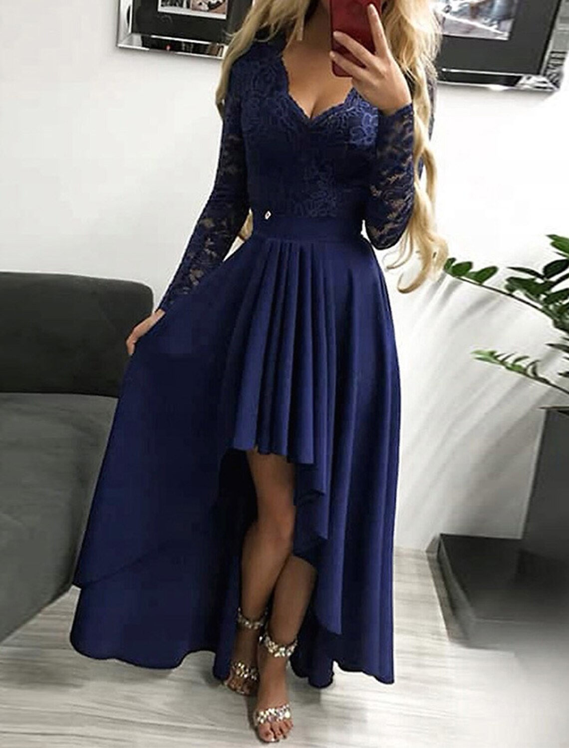 Robe de bal trapèze élégante, asymétrique, manches longues, col en V, en polyester, couleur unie