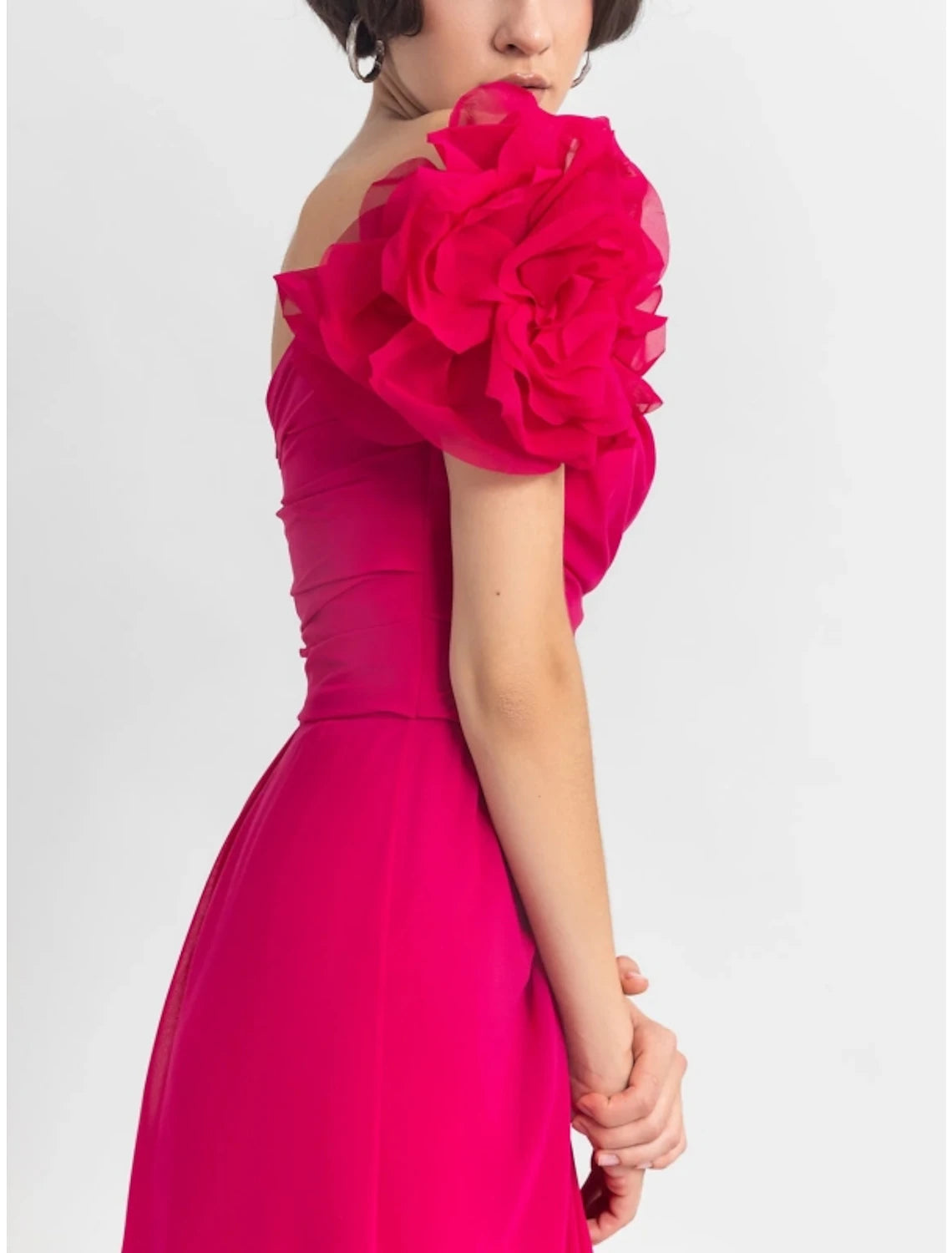Etuikleid/Säulenkleid, elegantes Abendkleid, formelle Hochzeitsgäste, bodenlang, lange Ärmel, schulterfrei, Stretchstoff mit Schulterblume