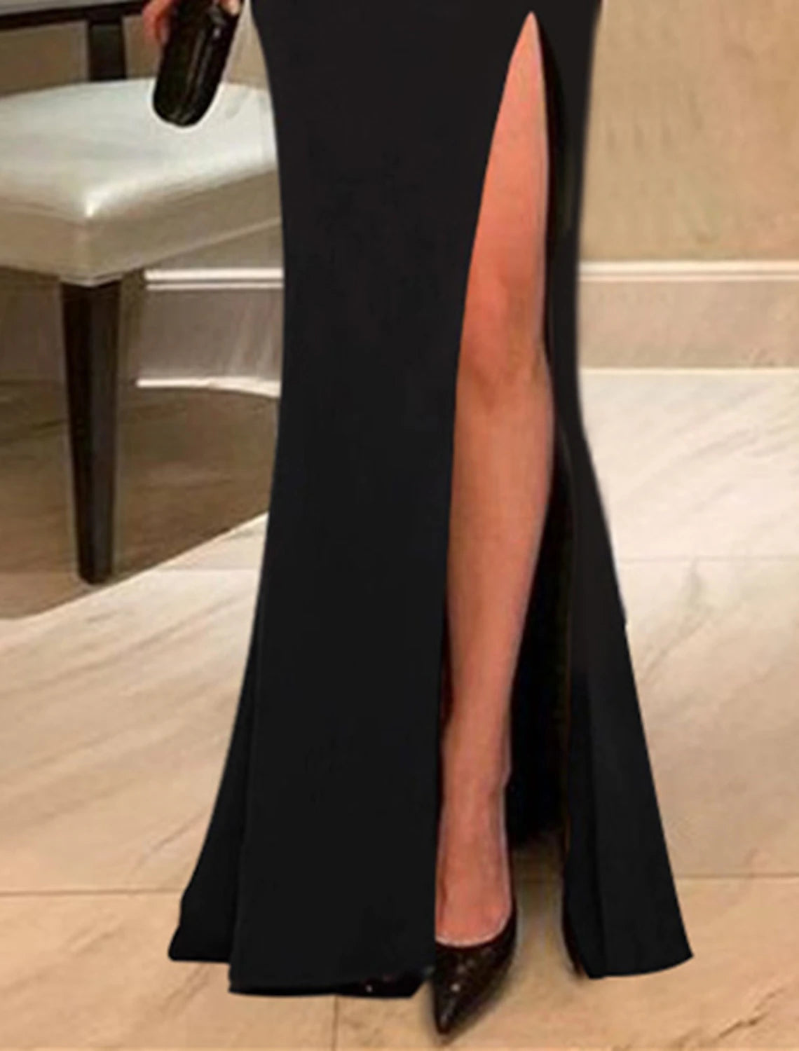 Meerjungfrau/Trompete Abendkleid Schwarzes Kleid Kleid Hochzeitsgast Abschlussball Bodenlang Langarm Eine Schulter Stretchstoff mit Schlitz
