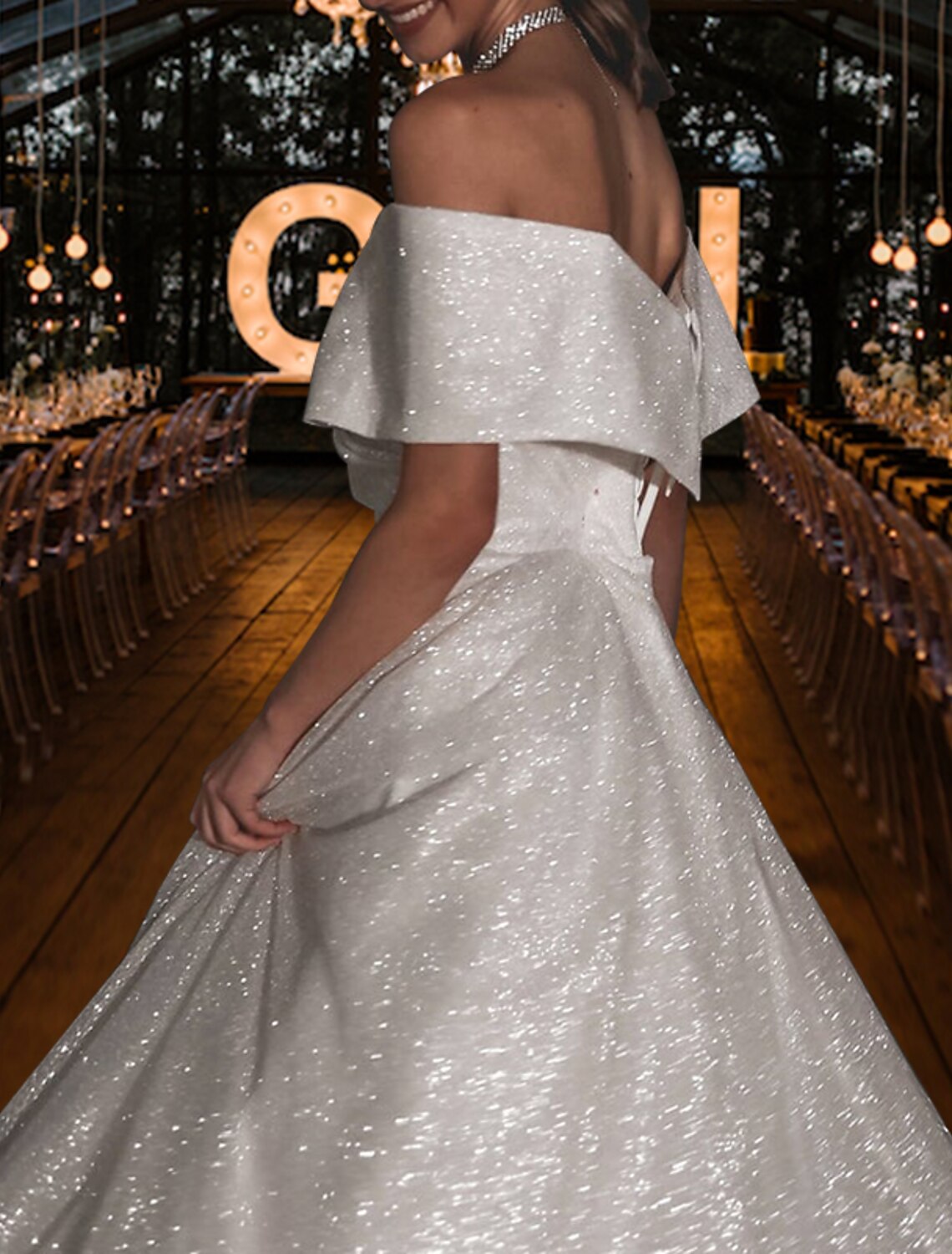 Hall Sparkle &amp; Shine Schlichte Brautkleider A-Linie Schulterfrei Flügelärmelchen Sweep/Pinsel Schleppe Pailletten Brautkleider Mit Volltonfarbe