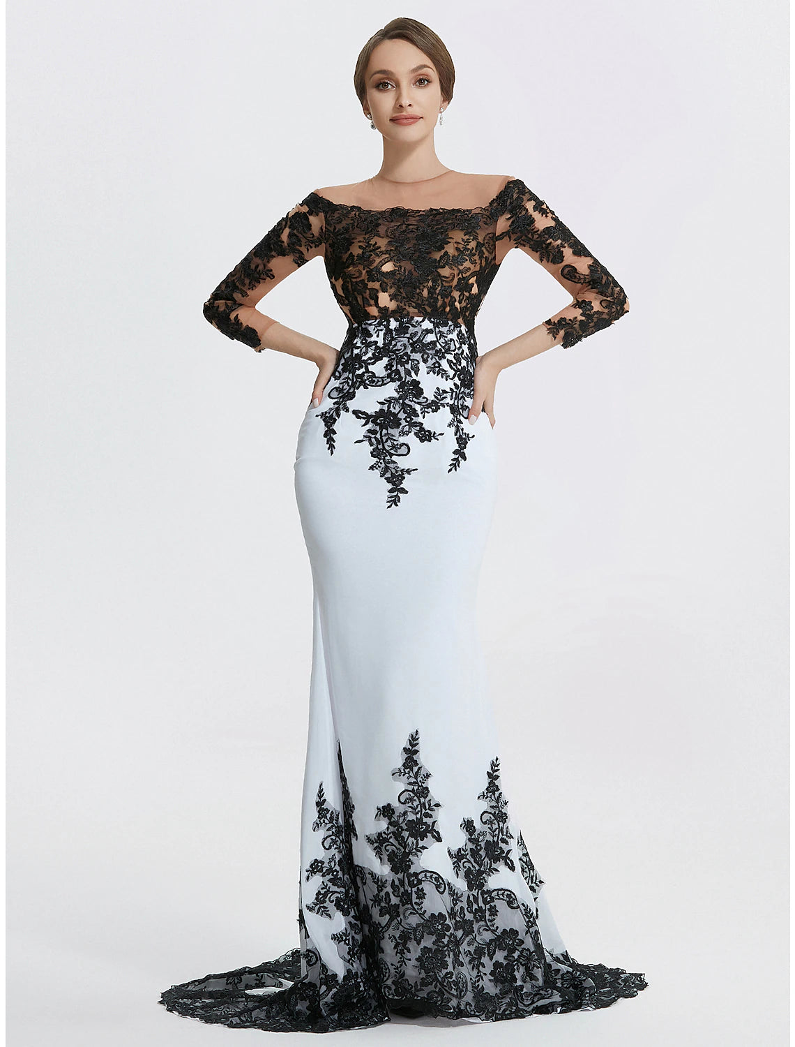 Meerjungfrau-Abendkleid, elegantes schwarzes Kleid, Maskerade, schwarze Krawatte, Farbblock, Sweep/Pinselzug, lange Ärmel, Rundhalsausschnitt, Chiffon mit Applikationen