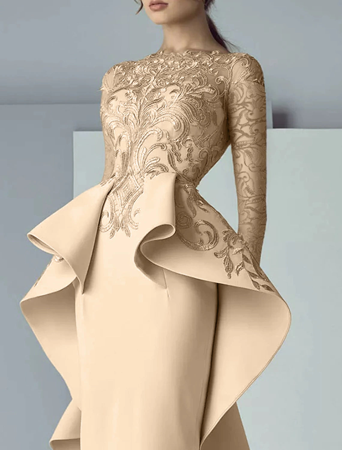 Etuikleid/Säulenkleid für die Mutter der Braut, formelle Hochzeitsgäste, elegante Party, Rundhalsausschnitt, bodenlange Spitze, Stretchstoff, lange Ärmel mit Rüschenapplikationen