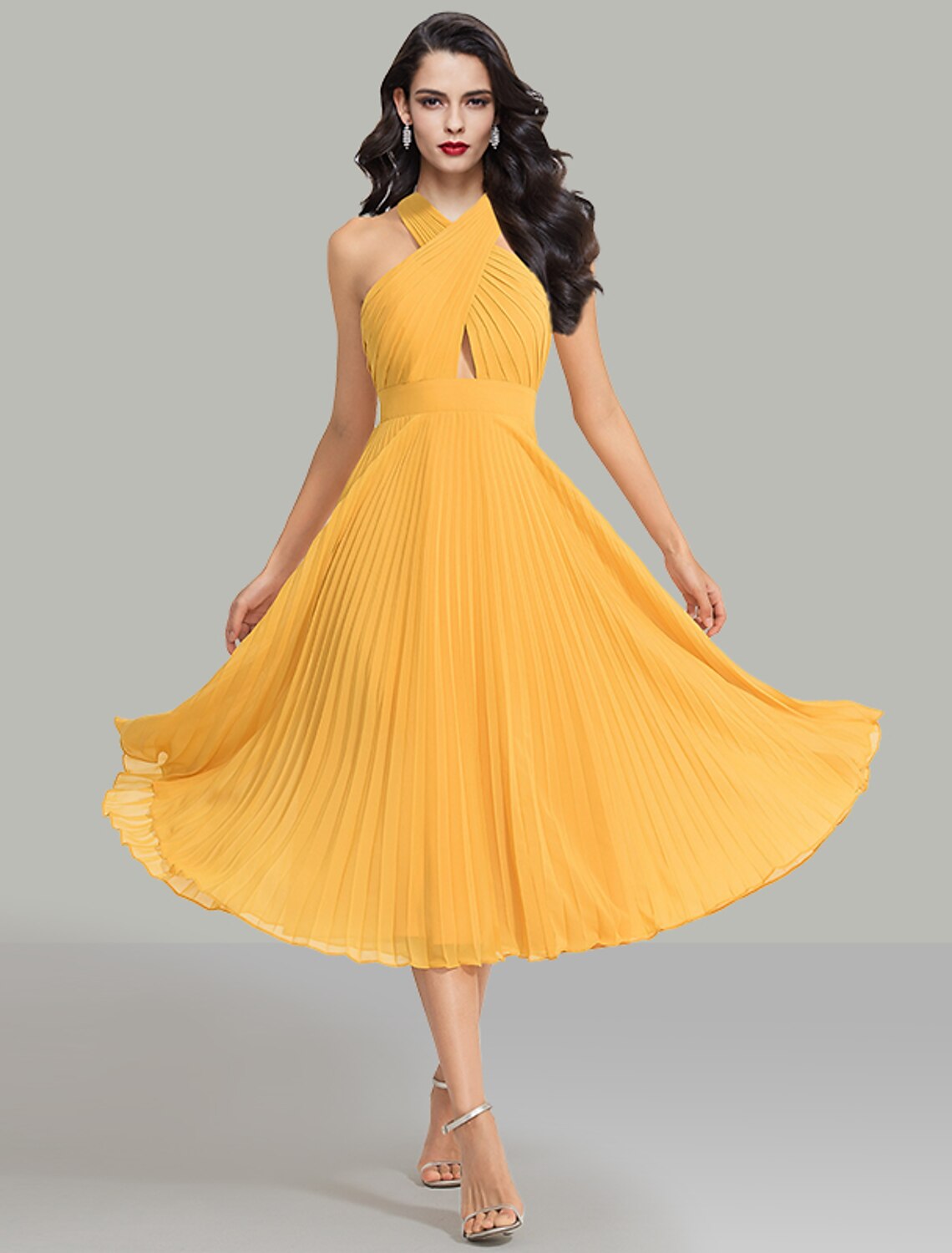 Robe de mariée trapèze élégante, robe de cocktail, robe de soirée, longueur thé, sans manches, col licou, mousseline avec fronces