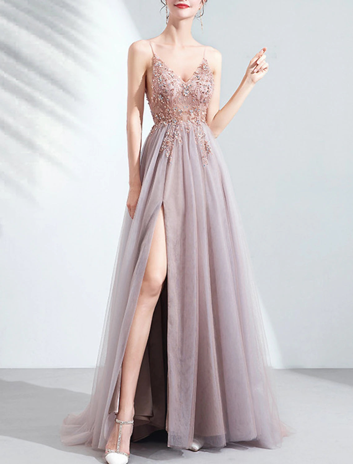 rosa Kleid Braut Hochzeit Toast Kleid Abendessen Jahrestreffen Sling leichtes Garn Laufsteg hochgeschlitztes Hochzeitsabendkleid