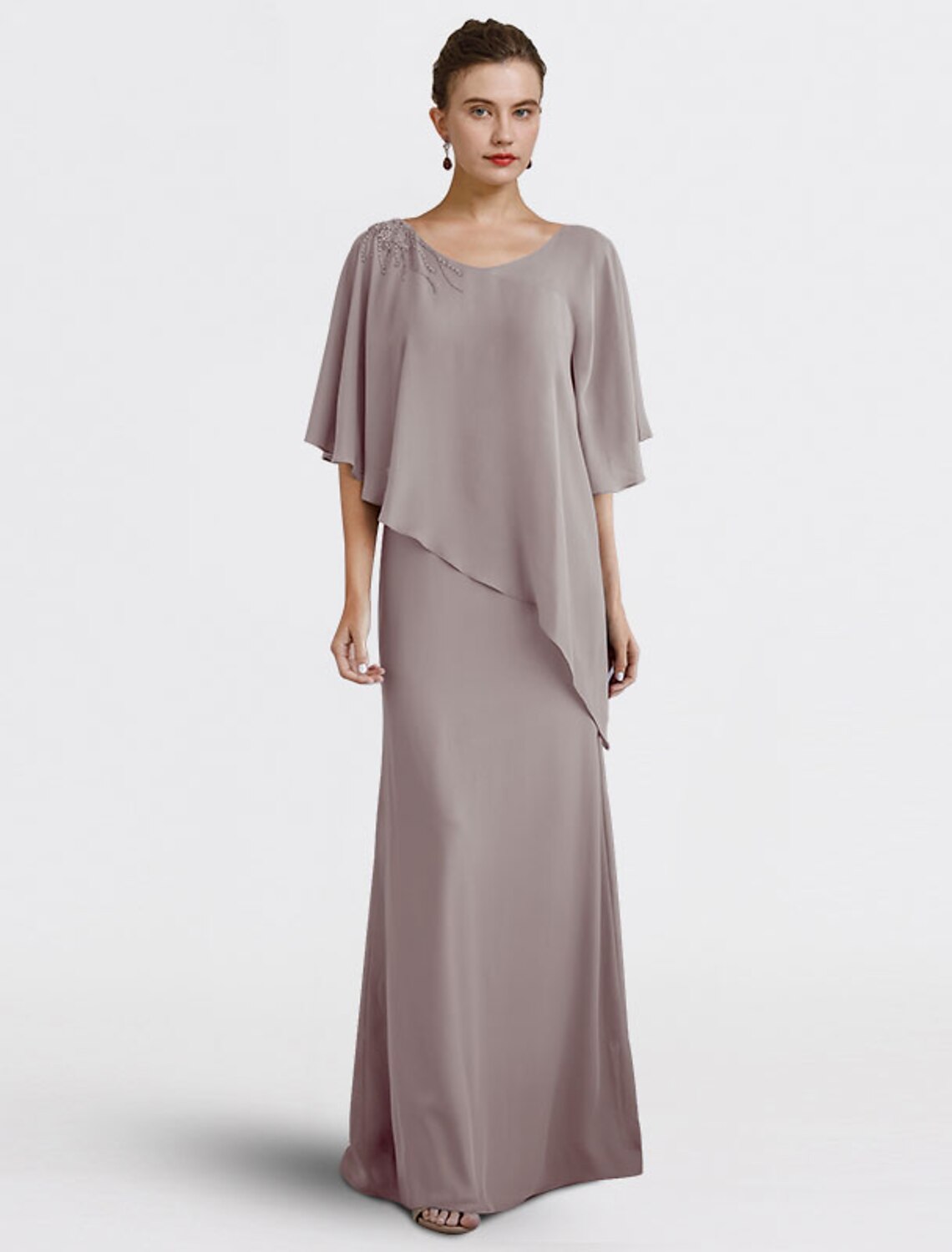 Etuikleid/Säulenkleid für die Brautmutter, Hochzeitsgast, Übergröße, elegant, V-Ausschnitt, bodenlang, Chiffon, halbe Ärmel, mit Perlenbesatz