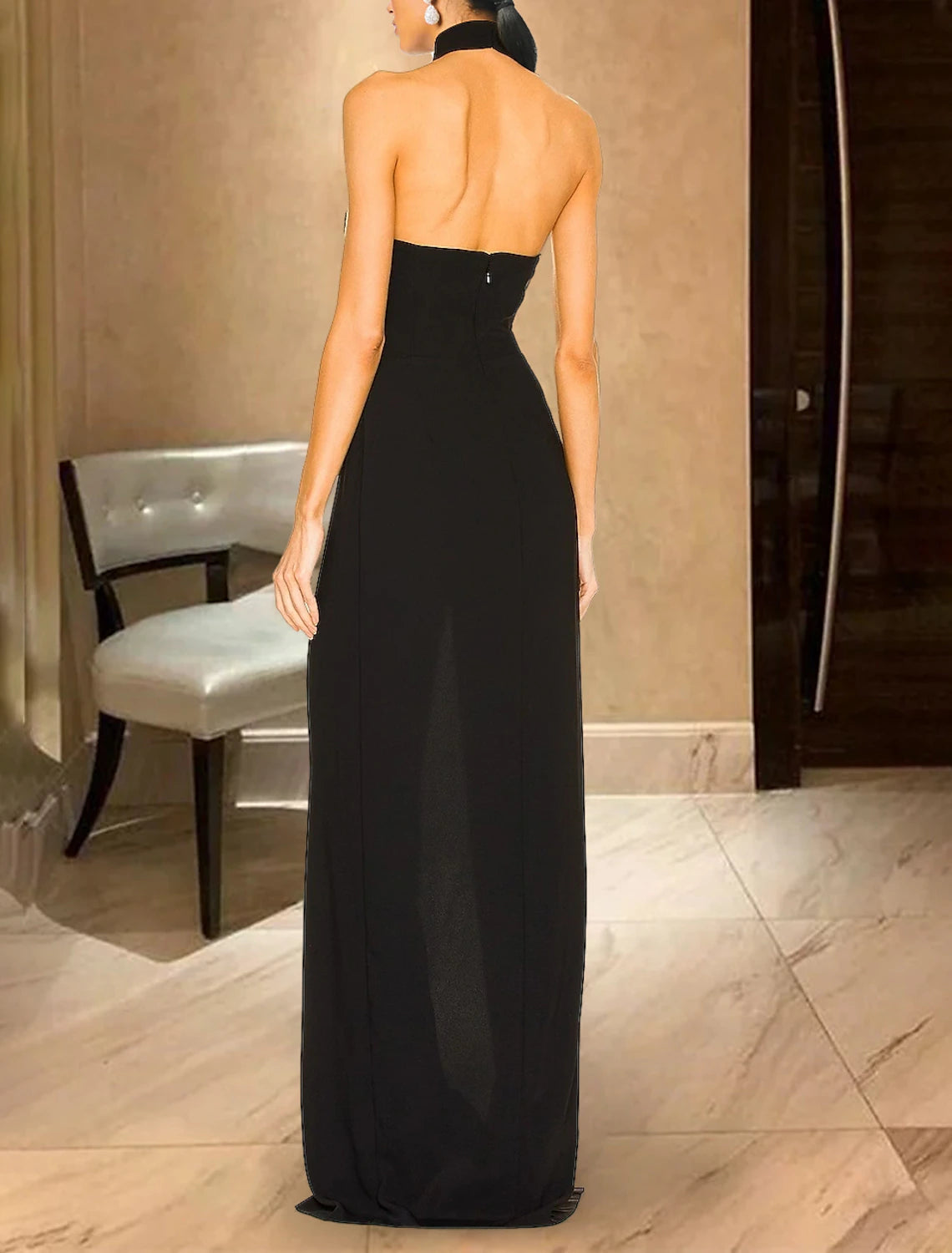 Meerjungfrau/Trompete Abendkleid Elegantes Kleid Formeller Hochzeitsgast Sweep/Pinselzug Ärmellos Neckholder Schwarzes Kleid Stretch Chiffon mit Schlitz