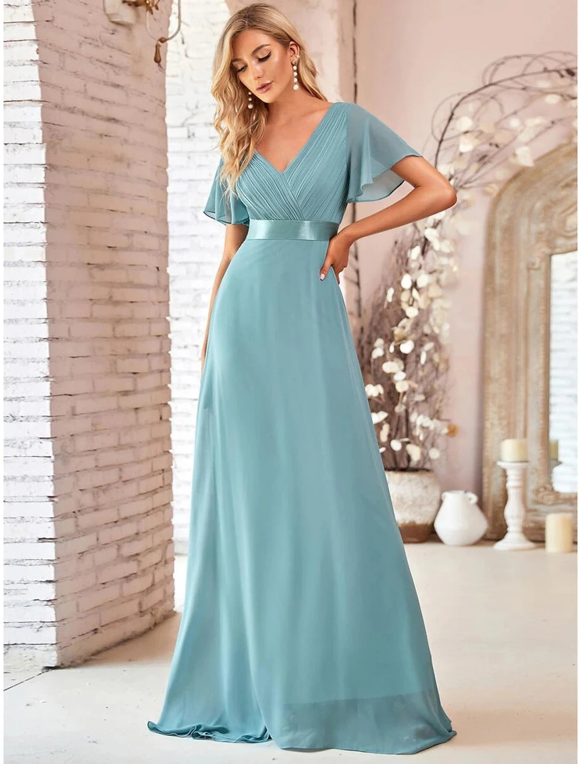 A-Linie Abendkleid Partykleid Empire-Kleid Hochzeitsgast Formeller Abend Bodenlang Kurzarm V-Ausschnitt Brautjungfernkleid Chiffon V-Rücken mit Rüschen Reine Farbe