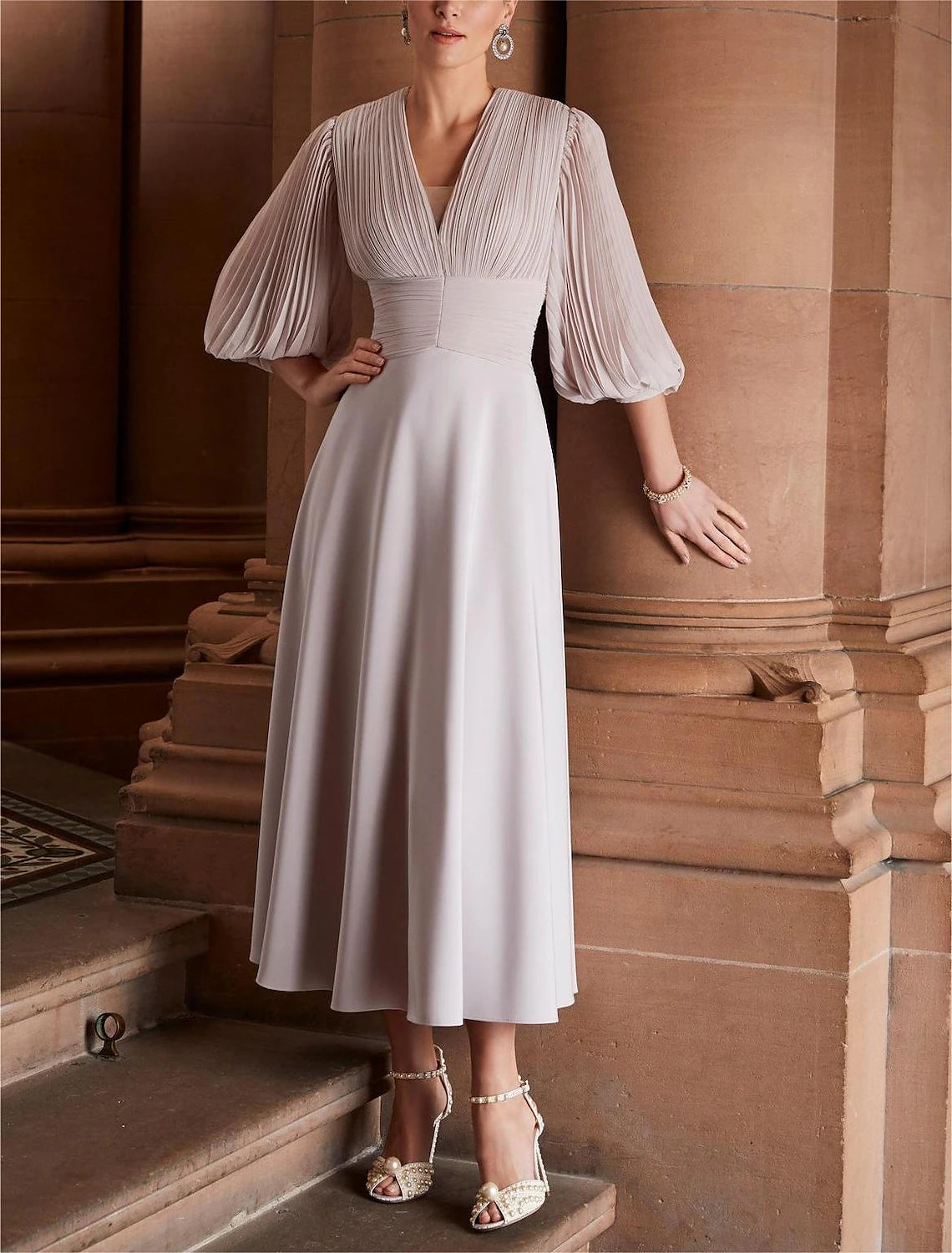 A-Linien-Kleid für die Mutter der Braut, formeller Hochzeitsgast, elegant, V-Ausschnitt, knöchellang, Chiffon, 3/4-Ärmel, gerüscht, einfarbig