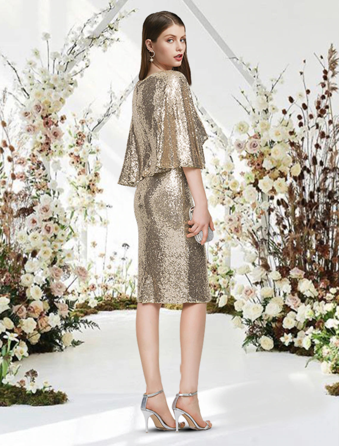 Robe de cocktail fourreau/colonne, robe scintillante, robe de cocktail de remise de diplôme, longueur genou, manches mi-longues, col en V, paillettes et élégante