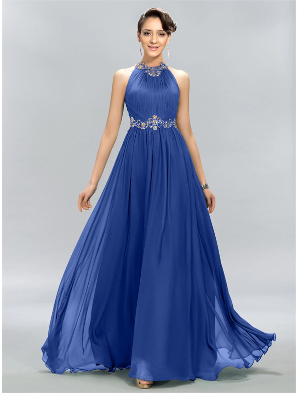 Robe de mariée trapèze longue, tenue de soirée, longueur au sol, sans manches, col licou, en mousseline de soie avec appliques froncées