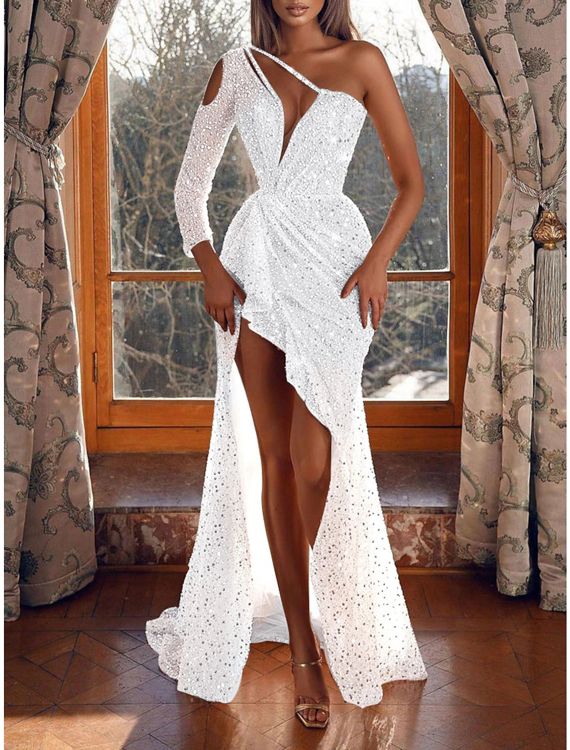 Meerjungfrau/Trompete Ballkleider Sparkle &amp; Shine Kleid Hochzeitsgast Formeller Abend Sweep/Pinsel Schleppe Langarm Ein-Schulter Pailletten mit Pailletten