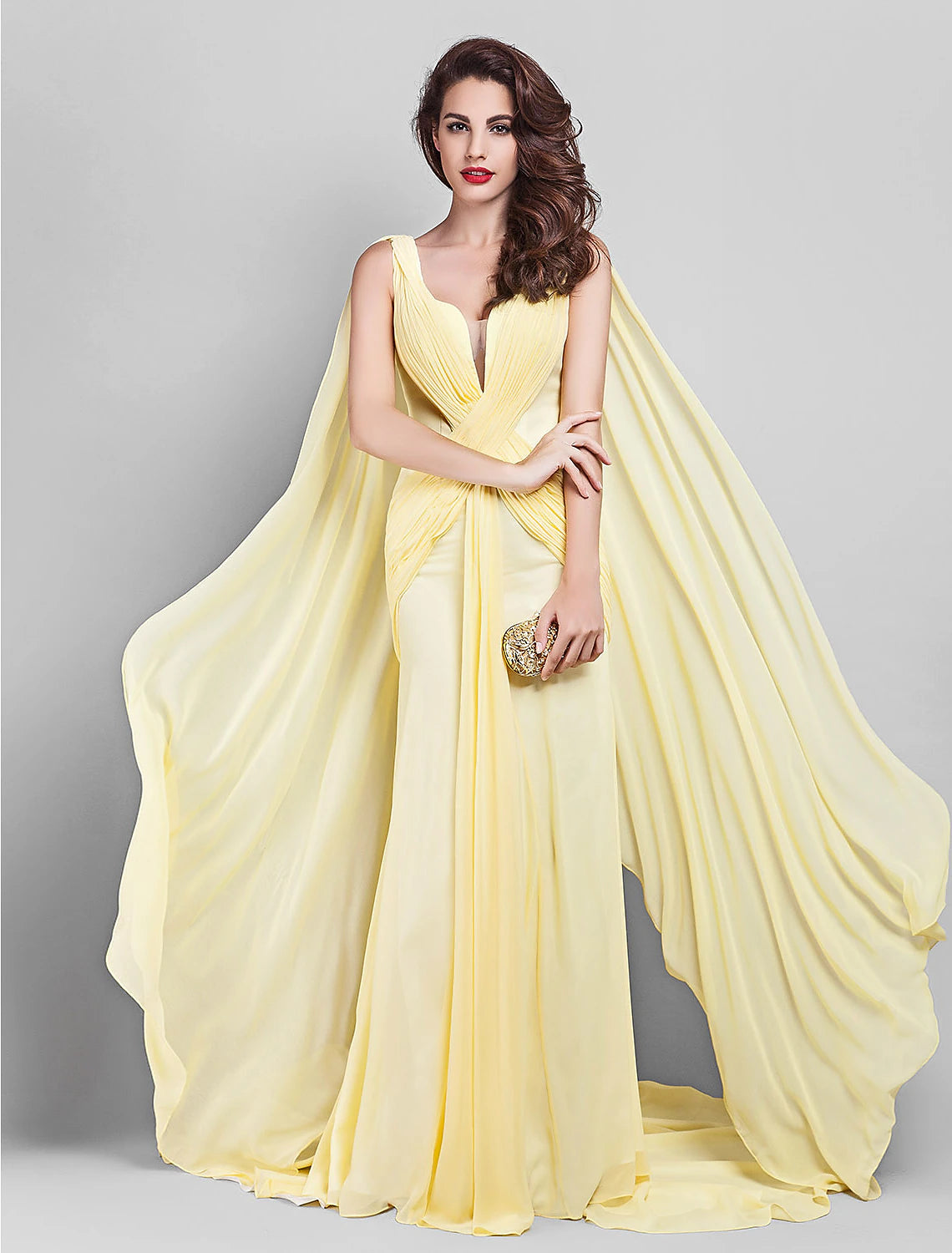 Etuikleid/Säulenkleid, elegantes Kleid, Hochzeitsgast, Abschlussball, Hofschleppe, ärmellos, tiefer Ausschnitt, Georgette, V-Rücken mit überkreuzten Seitendrapings
