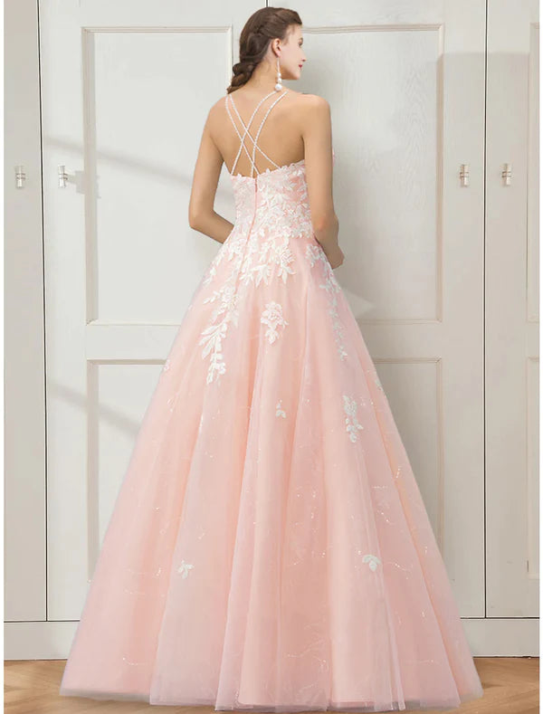 Robe de bal à fleurs, longueur au sol, sans manches, bretelles spaghetti, tulle, dos croisé avec broderie
