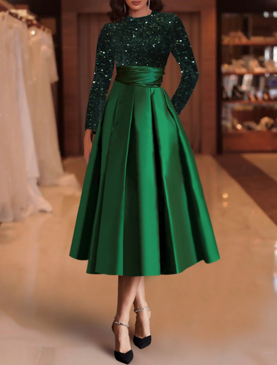 Robe de cocktail trapèze élégante, rouge et verte, longueur thé, manches longues, col bijou, satin avec plis et paillettes